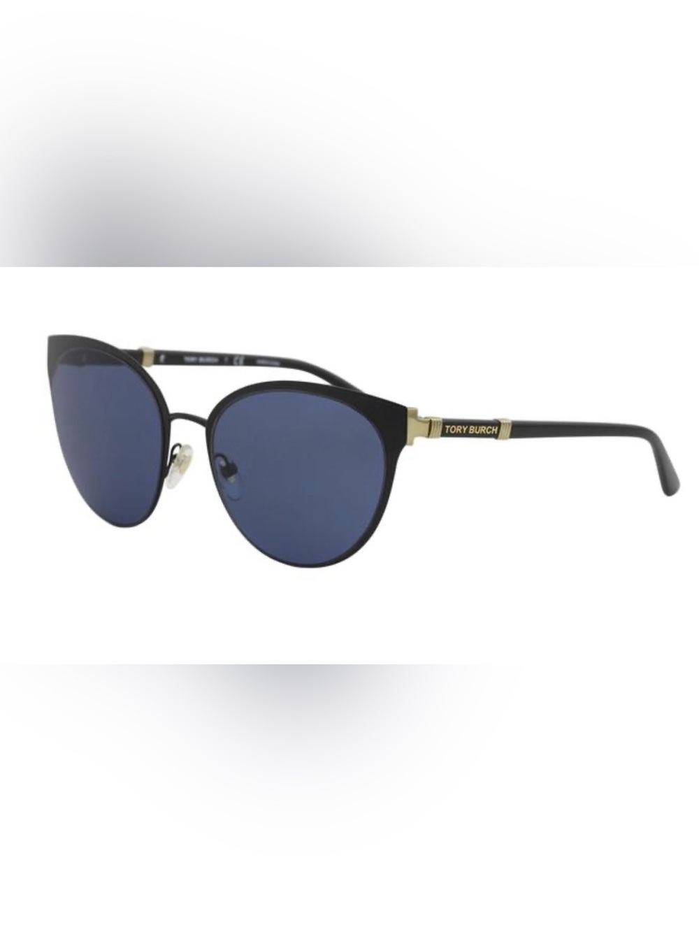 Tory Burch Black Frame Sunglasses with Blue Lenses and Gold Accents